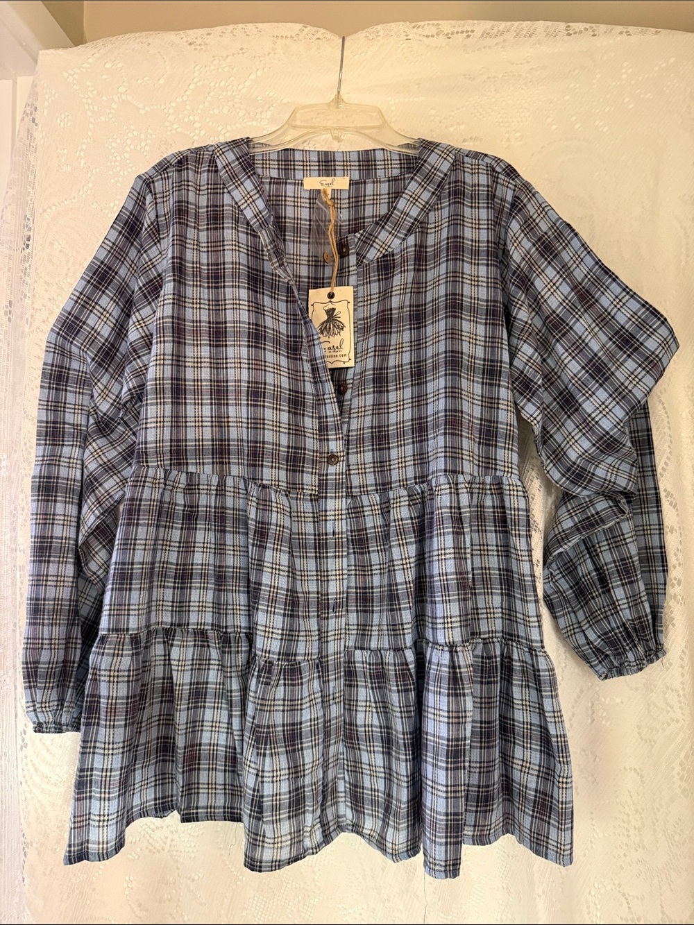 easel Blue and Navy Plaid Button-Up Tunic